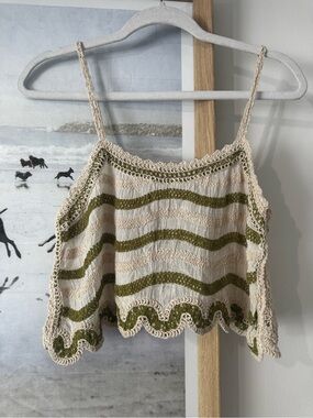 Striped Crochet Crop Cami in Cream & Olive